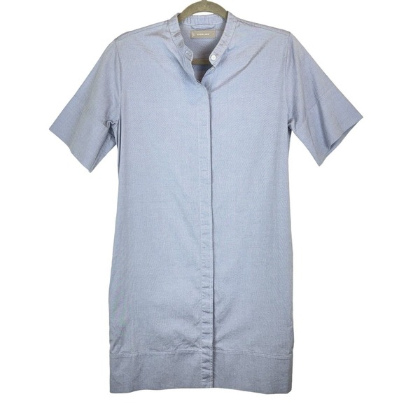 EUC Everlane Sz 2 Collarless Belted Shirt Dress. Shift Pockets. Cotton Blue - Picture 7 of 12
